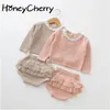 Conjunto de ropa de bebé Traje de dos niñas Tejido 0-2 años Blusa de manga larga de algodón para bebé + Pantalones cortos de hoja de loto 210701