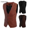 Pu läder män passar västar slim casual business mens maistcoat gentlemen groomman wedding mens gilet överdimensionerade retro vintage väst 210524