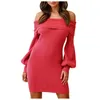 Casual Dresses Sexy Off Shoulder Knitted Mini Dress Women Lantern Sleeve Office Slash Neck Solid Winter Bodycon Sweater Vestidos