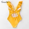 Seaslfie Solid Yellow V-Neck Duffled Costume da bagno Donne Monokini Costumi da bagno Swimwear Sexy Lace Up Spiaggia Costume da bagno Beachwear 210702