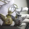 Pendant Necklaces Hip Hop Full Cubic Zircon Angel Wing US Dollar Purse Money Bag Pendants Necklace For Men Iced Out Bling Jewelry Christmas