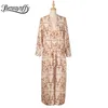 V-neck Batwing Sleeve Print Long Kimono Women Spring Summer Vacation Boho Casual Ladies Cardigan with Belt 210510