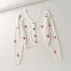 Women Sweaters Cherry Embroidery Button up Cute Ponchoes Autumn Fashion Korean Open Stitch Knit Jacket Sueter Mujer 210430