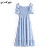 Dulce mujer cielo azul elegante vestido femenino cuello cuadrado Puff manga Midi Robe Femme Sexy Slits verano gasa 210514