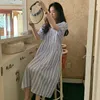 Korejpaa mulheres vestido verão coreano elegante quadrado colarinho pequeno breasted alta cintura solta bolha mangas azul stripe vestido 210526