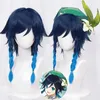 Genshin Impact Venti Cosplay Unisex 50cm Blue Wig Cosplay Anime Cosplay Trança Perucas Resistente ao Calor Perucas Sintéticas + Wig Cap Y0903