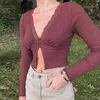 Knitted Ribbed Y2K Crop Top Lace Patched Women's Shirt Long Sleeve Knitwear Button Up Sexy Deep V-Neck Party E Girl Tee 210415