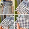 Sommarflickor klär Western Plaid Lace One-Word Shoulder Sleeve Halter Princess Dress 1-5Years Barn Söt kläder Q0716