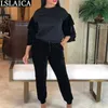 Lounge Nosić Solid Color Fashion Dwuczęściowy Zestaw Top I Spodnie Pocket O Neck Casual Luźna Szczupła Elastyczna Talii Conntos de Mujer 210515