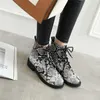 Meotina Women Boots Winter Ankle Boots Lace Up Flat Short Boots Snake Print Round Toe Shoes Female Autumn Yellow Plus Size 34-43 210608