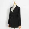 Elegante blazer negro para mujeres con muescas largas fajas delgadas rectas coreanas blazers femeninos ropa de moda de primavera 210524