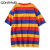 Tシャツヒップホップカジュアルメンズ夏の虹カラーブロックストライプコットン半袖Tシャツストリートウェア原宿ティートップス210602