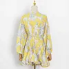 Żółty Drukuj Dress Dla Kobiet O Neck Latarnia Z Długim Rękawem Wysoka Talia Sashes Slim Mini Sukienki Kobiet Moda 210520