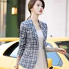 レトロな格子縞のブレザー女性春スリムなファッションカジュアル長袖ジャケットのオフィスレディースの気質作業コート210604