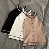 Halter Tank Top Women Summer T shirt Crop Top Knitted Buttons Stretchy Color Block Sexy Vest T shirt Black White Beige T91081 X0507