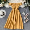 Evening Party Dress Solid Off Shoulder Elegant A-line Spring Summer Woman Dresses Korean Vestidos Retro 19511 210415