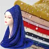 2021 Popural Muslim Bubble Chiffon Scarf with Pearls Hijab Solid Plain Headscarves Shawl Wrap Malaysia Foulard Bandana 22color