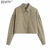 Zevity Women Simply Solid Color Podwójne kieszenie Patch Krótkie koszule Office Lady Długie Rękaw Bluzka Roupas Chic Chemise Topy LS9240 210603