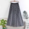Fashoin koreanska stil vintage plaid sommar lång tulle kjol kvinnor hög midja estetisk midi pläterad kvinnlig 210421