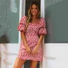 Red Broken Flowers Abito corto Ruffles Lantern Sleeve Casual Mini Dress Femme Summer Streetwear Backless Vintage Vestidos Mujer 210507