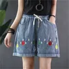 Zomer denim shorts vrouwen print casual gewassen gescheurde borduurwerk vintage elastische taille trekkoord vrouwelijke losse wilde jeans mode 210611