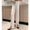 2021 blanc avant fendu costume pantalon printemps et été femmes drapé taille haute mince jambe large pantalon droit vadrouille pantalon Q0801