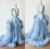 青い妊娠中のイブニングドレス写真ロブPajam Robe Vネックロングスリーブアップリケレースチュールガウンカスタマイズされた床の長さバスローブメッシュドレス