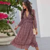 Damskie sukienki Wiosna Lato Sexy V Neck Floral Print Boho Beach Sukienka Casual Wzburzyć Z Długim Rękawem Linia Midi Sundress Robe 210522