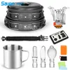 Camping Cookware Set Stove Canister Stand Tripod Outdoor Hiking Picnic Non-Stick Cooking Backpacking with Folding Knife and Fork Sets Mess Kit