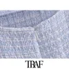 TRAF Women Chic Fashion Front Slit Hem Tweed Mini Dress Vintage Backless Zipper Thin Straps Female Dresses Vestidos 210630