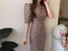 2021 Summer autumn new design women's o-neck half puff sleeve back lacing bow slim waist tweed woolen midi long pencil dress 280N