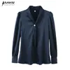 Navy Blue Chiffon Shirt Women V Neck Design Spring Fashion Temperament Satin Long Sleeve Blouses Office Ladies Work Top 210604