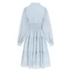 [EAM] Women Blue Pleated Ruffles Chiffon Mid-Calf Dress Lapel Long Sleeve Loose Fit Fashion Spring Summer 1DD8006 210512