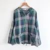 Otoño doble hilo de algodón blusa de mujer estilo japonés cuadros literarios cuello alto camisa de manga larga blusas de mujer camisas