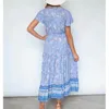 Letnie sukienki dla kobiet Niebieski Czeski Drukuj Szyfonowa Maxi Sukienka Kobieta Krótki Rękaw Plisowany Talia Wakacyjny Vestidos Pas 210430