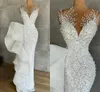 Luxuosas Pérolas Sereia Vestido de Noiva 2022 Cristais Frisados ​​Lace Jewel Neck Lantejoulas De Nupcial Dubai Robe de Mariée Vestidos Noiva