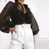 Primavera elegante bolinhas blusa casual mulheres sprufa de manga colarinho ver através de botões soltos camisa vintage top mujer 210415