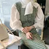 Korea Style Solid Color Lantern Sleeve Bow Tie Neck White Shirt Two Pieces Set + Sexy Spaghetti Strap Houndstooth Dress Suit 210520
