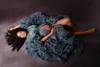 Ruffles Navy Tulle Kimono Women Dresses Robe for Photoshoot Extra Puffy Sleeves Prom Gowns African Cape Cloak Maternity Dress Photography