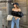 Sexy Short Crop Tops Slash Neck Weiße Bluse Frauen Ärmel Shirts Blusas Mujer Weg Von Der Schulter Schwarz Kleidung Sommer Wild 210429