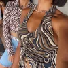 Missakso Drawstring Halter Crop Top Streetwear Club Backless Summer Women Brown Sexy Striped Sleeveless Tank Tops 210625