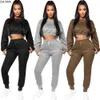 Höst Winter Women's Set Full Sleeve O-Neck Crop Top Långbyxor Lägg till ull Solid Två Piece Set Tracksuit Outfits Sportkläder J6113 Y0625