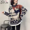 H.SA Women Sweaterpullovers Falso 2 pezzi Maglioni lavorati a maglia oversize Cartoon Chic Harajuku Maglioni per ragazze Pull Femme 210417