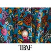 Traf Women Chic Fashion Floral Print Lace Patchwork Mini Dress Vintage Kort ärm Elastisk midja Kvinnliga klänningar Vestidos 210415