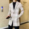 Zima Męska Wełna Trench Coat Jacket Long Slim Fit Casual Kurtka Klasyczna Plaid Windbreaker Mężczyźni Steetwear Znosić Ekekekler 210527