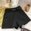 Kimutomo falso bolsillo pantalones cortos casuales mujeres primavera verano coreano retro cintura alta delgado sólido pantalones cortos de pierna ancha con cinturón elegante 210521