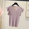 Plus Size XL-4XL Camisola de alças Moda Moda Lotus Sleeve Colete Verão Brilhante Fio V-Pescoço Fino Malha Solta Blusas 13633 210521