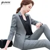 Gray Suit Spring Fashion Temperament High End Business Formal Long Sleeve Blazer And Pants Office Ladies Work Wear 210604