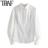 TRAF Women Fashion Button-up White Blouses Vintage Lapel Collar Puff Sleeve Female Shirts Blusas Chic Tops 210415