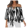 Damesblouses Overhemden Office Lady Gestreepte printblouse Sexy woon-werkverkeer Vlinderdas Schuine hals Schouderafhangend Halve mouw Elegante top Blusas 40#